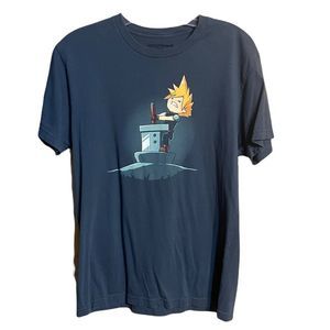 Tee Turtle Dusty Blue Anime Boy Pulling Stick Shirt EUC Sz S